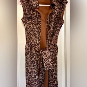 Leopard Print Mob Wife Sleeveless Long Open Vest Tie Waist Pockets Lagenlook EUC